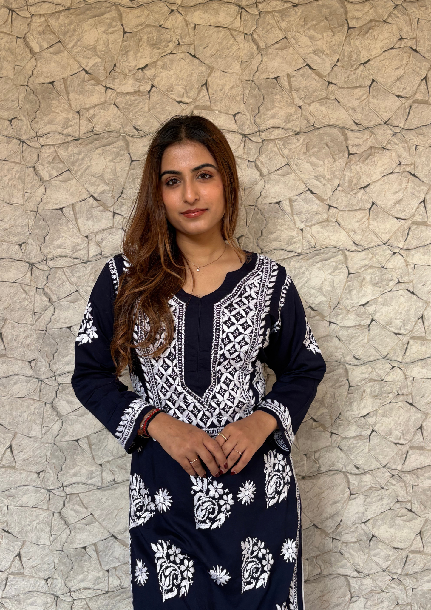 Modal Kurta With Handcrafted Motifs- Navy Blue