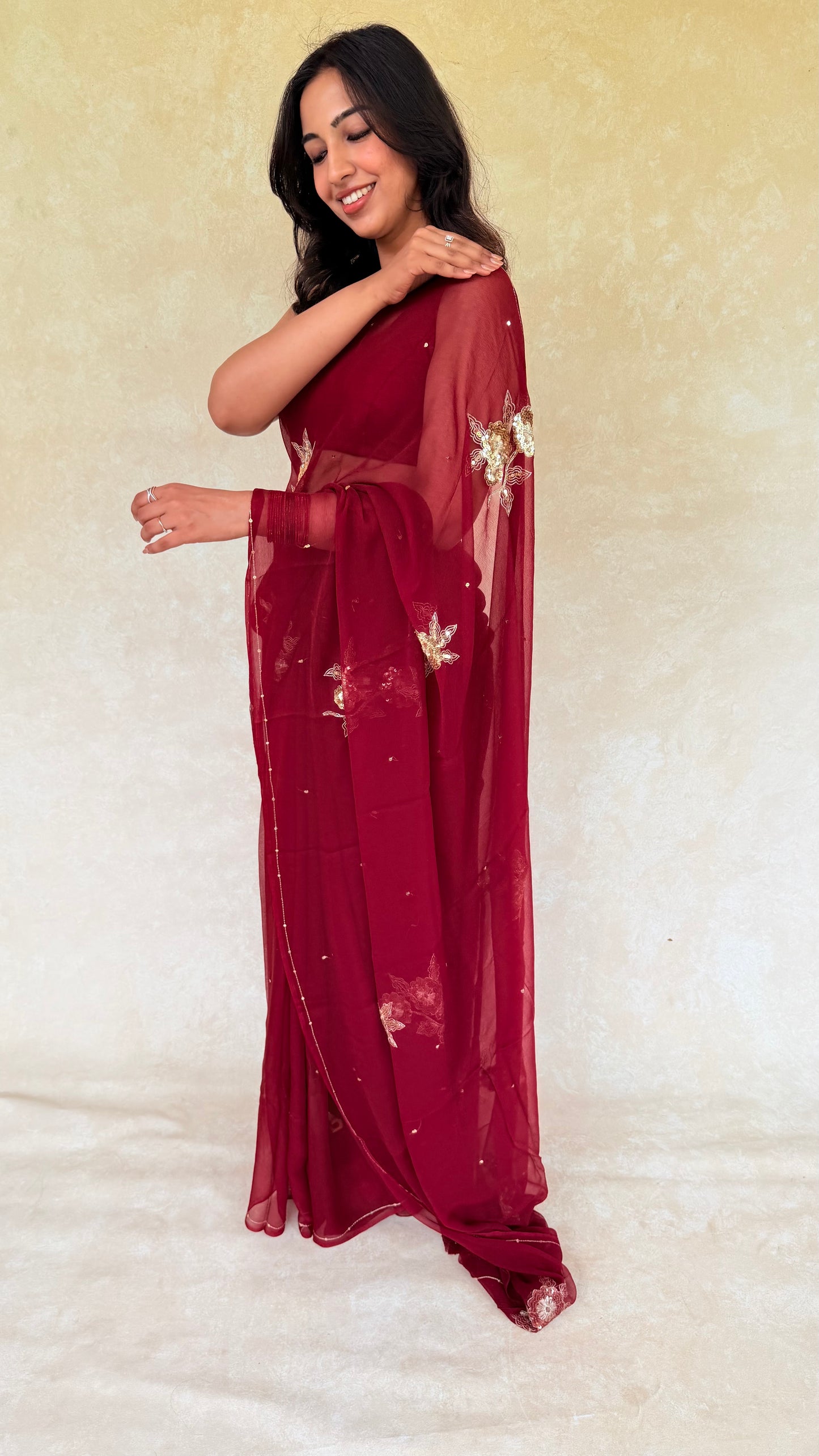 Handcrafted Rajputi Pure Chiffon Saree, Made in Jaipur- Cherry Red