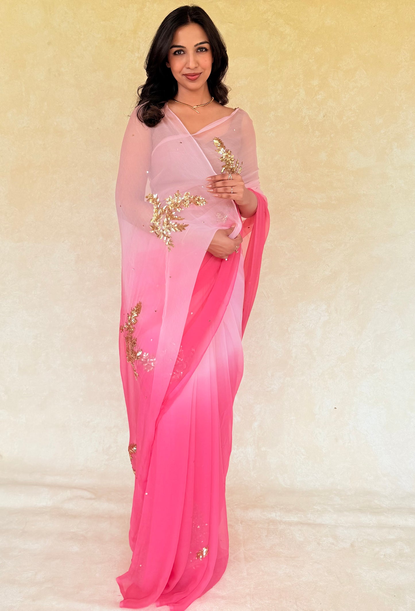 Handcrafted Ombre Rajputi Pure Chiffon Saree, Made in Jaipur-Peach Pink