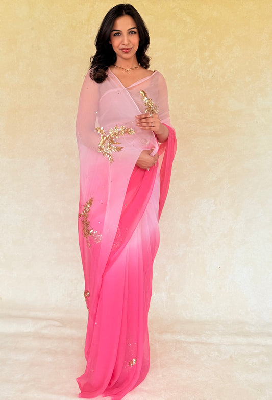 Handcrafted Ombre Rajputi Pure Chiffon Saree, Made in Jaipur-Peach Pink