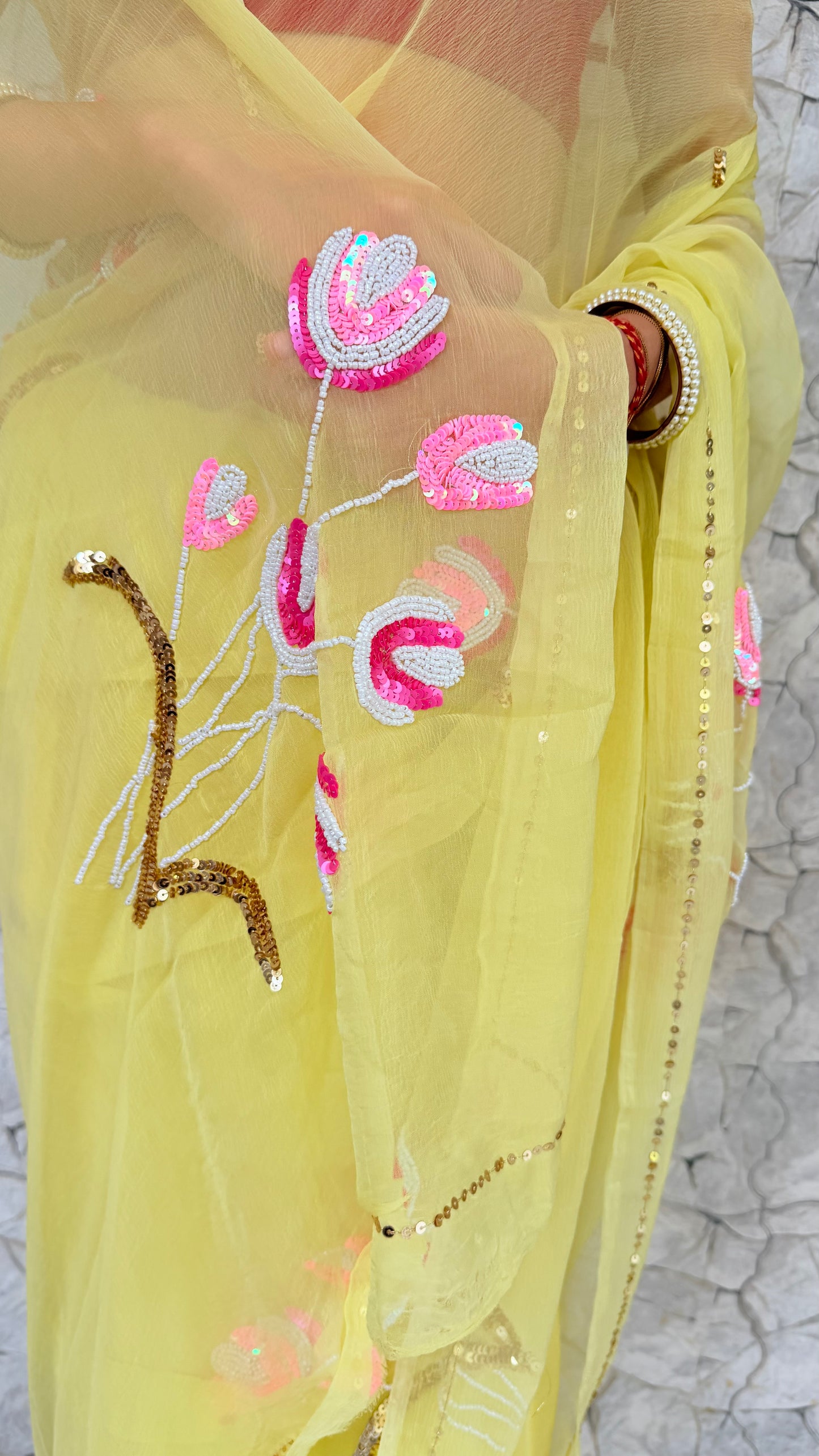Handcrafted Rajputi Pure Chiffon Saree, Made in Jaipur- Butter Yellow