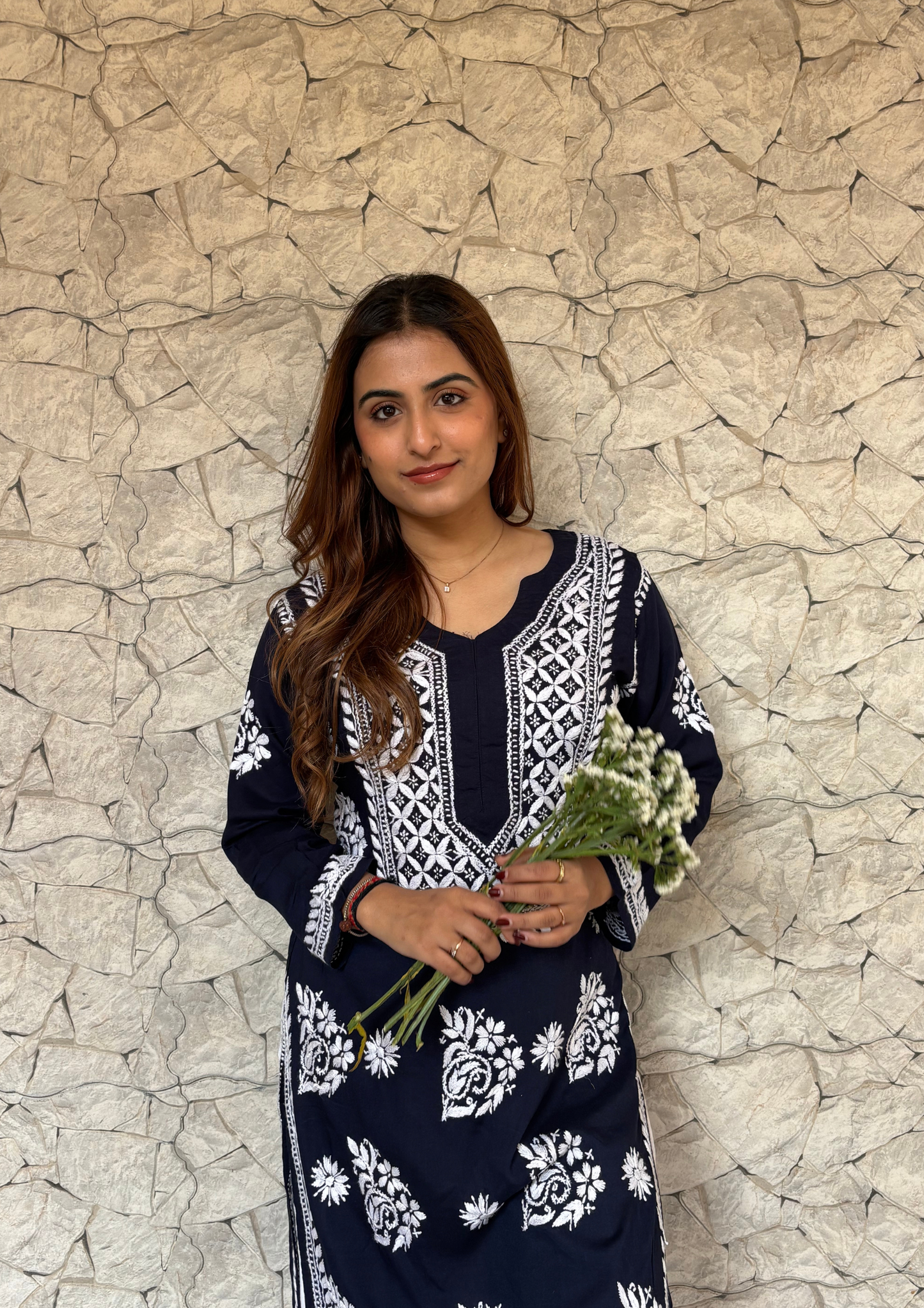 Modal Kurta With Handcrafted Motifs- Navy Blue