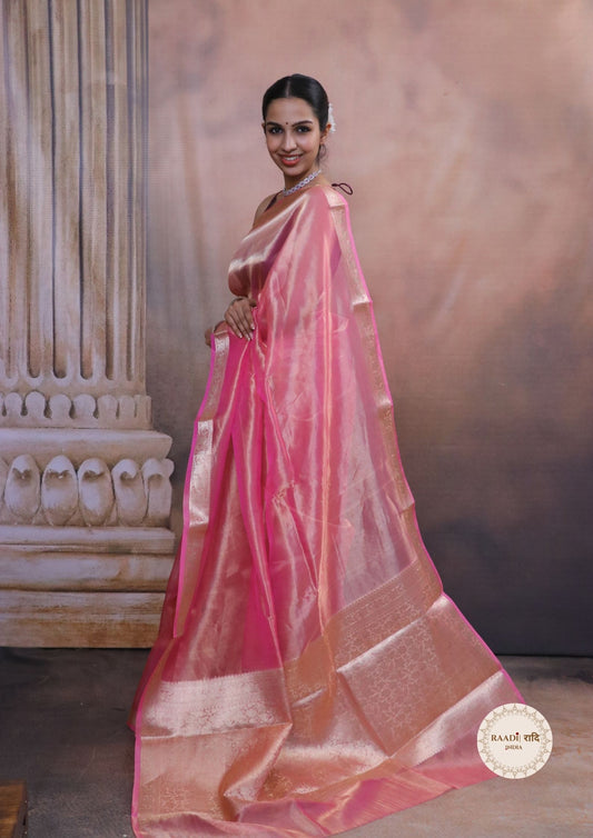 Tissue Saree With Zari and Banarasi Border-Pink