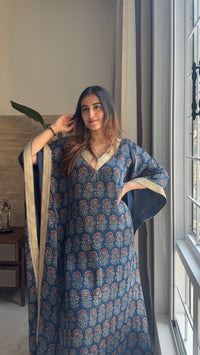 Handcrafted Indigo Ajrakh Kaftan with Gota Patti Detailing