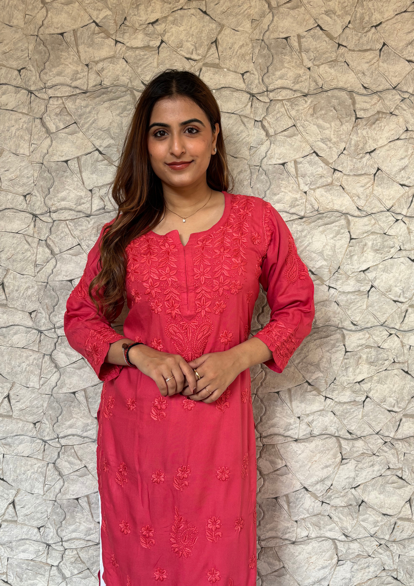 Rayon Handcrafted Kurta With Motifs overall- Red