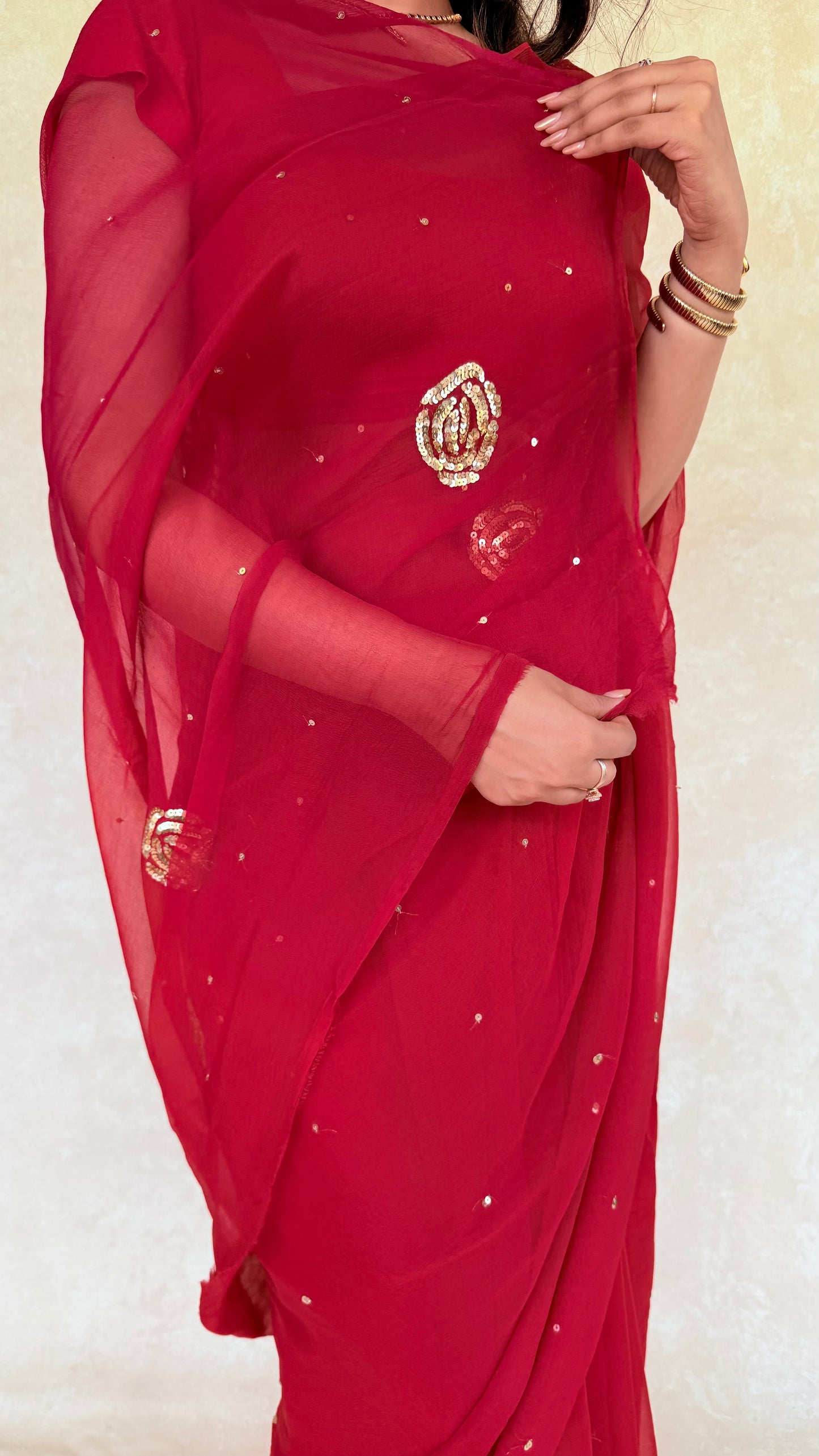 Handcrafted Rajputi Pure Chiffon Saree, Made in Jaipur-Red