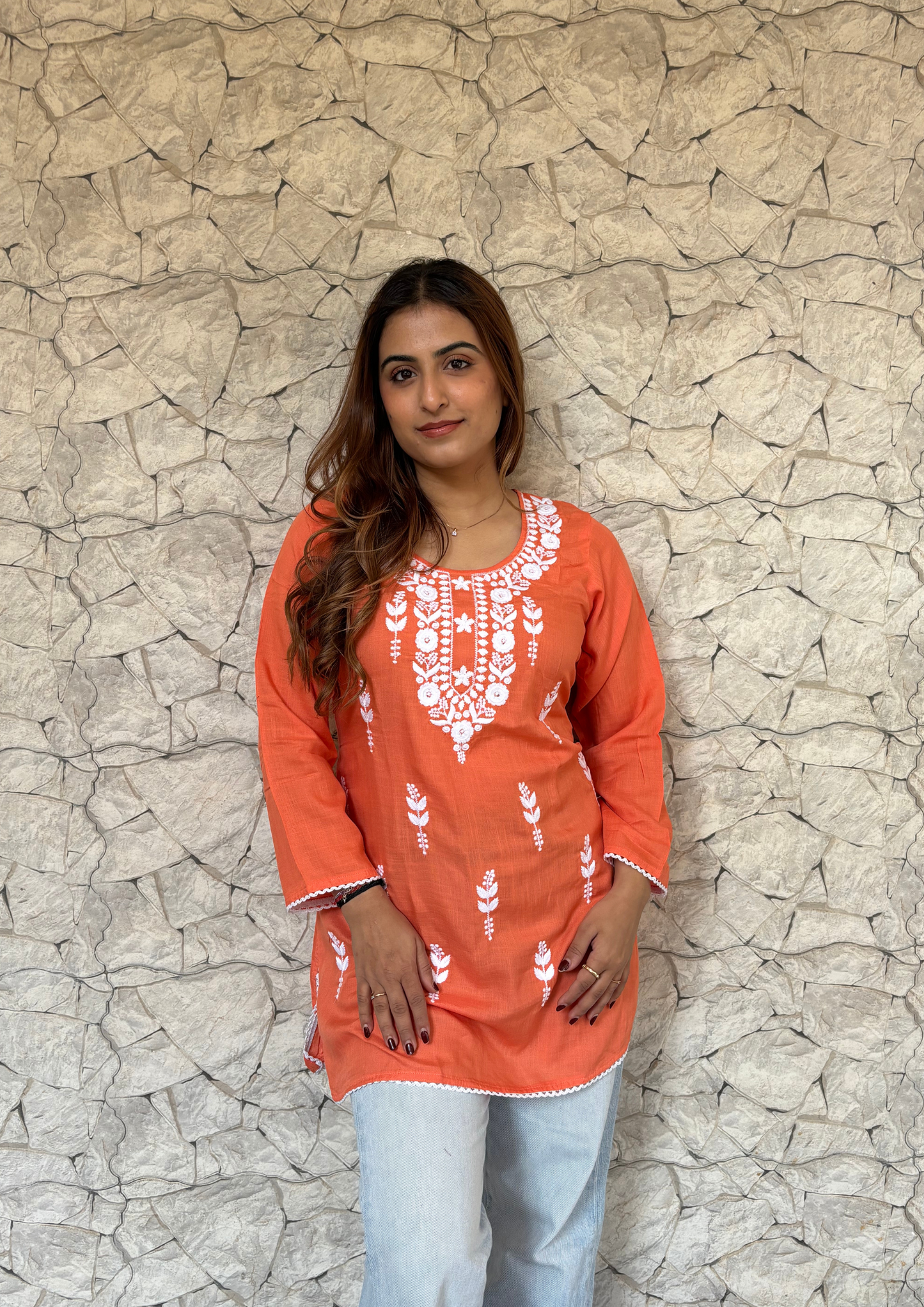Rayon Short Kurta With White Chikankari Work-Orange