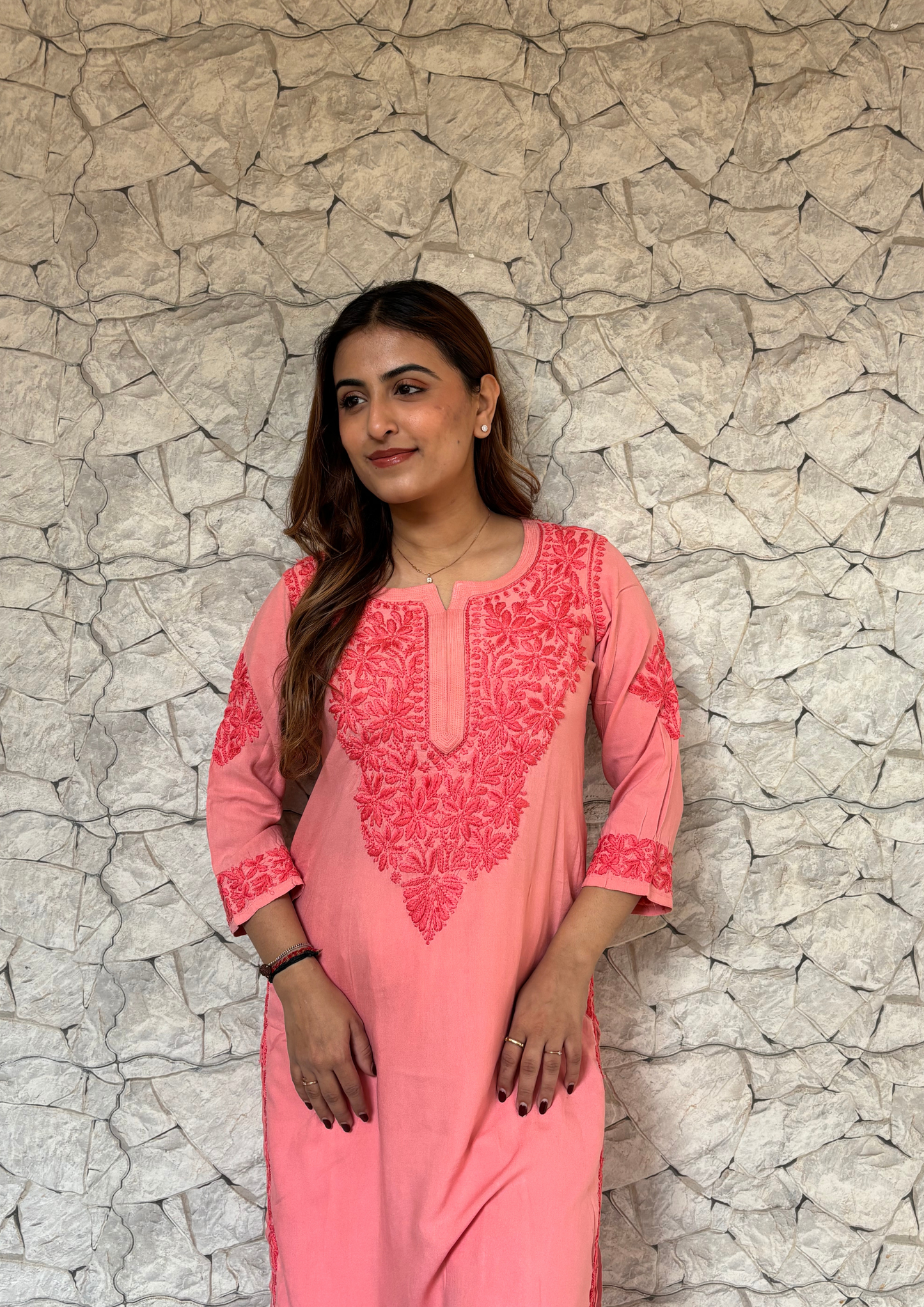 Handcrafted Rayon Chikankari Kurta-Peach