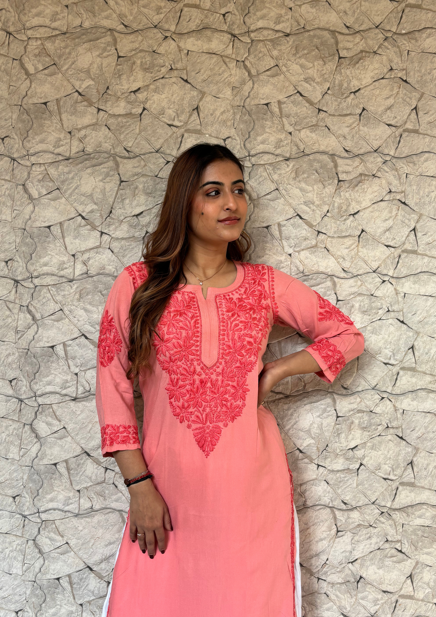 Handcrafted Rayon Chikankari Kurta-Peach