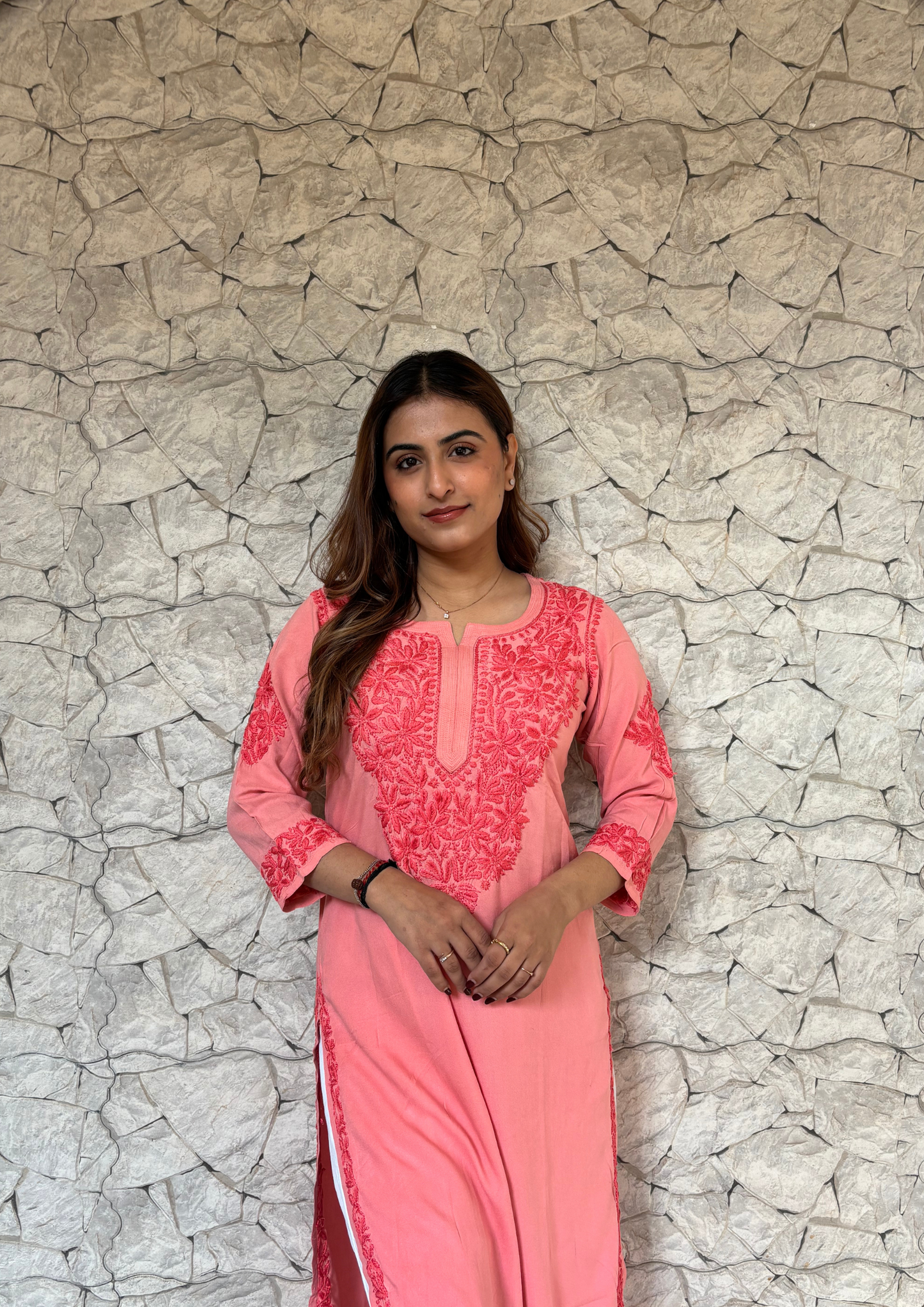 Handcrafted Rayon Chikankari Kurta-Peach