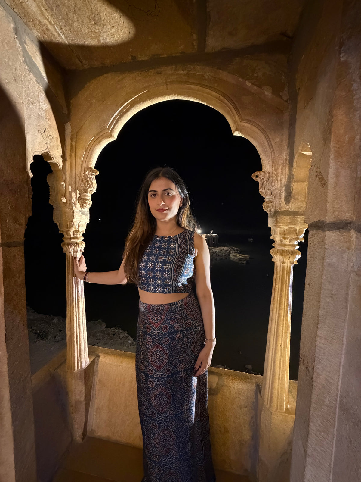 Indigo Ajrakh Modal Silk Skirt Set with Mirror Work
