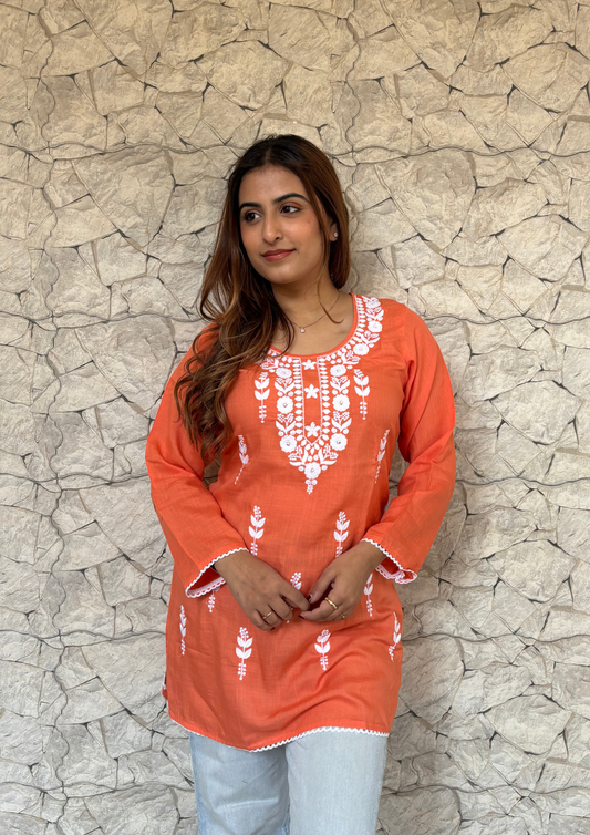 Rayon Short Kurta With White Chikankari Work-Orange