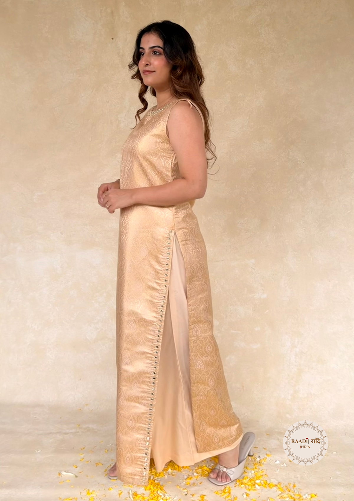 Banarasi Gold Zari mashru Silk Brocade A-Line Kurta Set with Mirror Work
