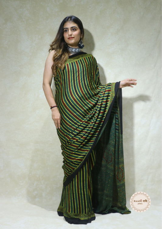 Ajrakh Modal Silk Saree from Kutch – Handcrafted with Natural Dyes