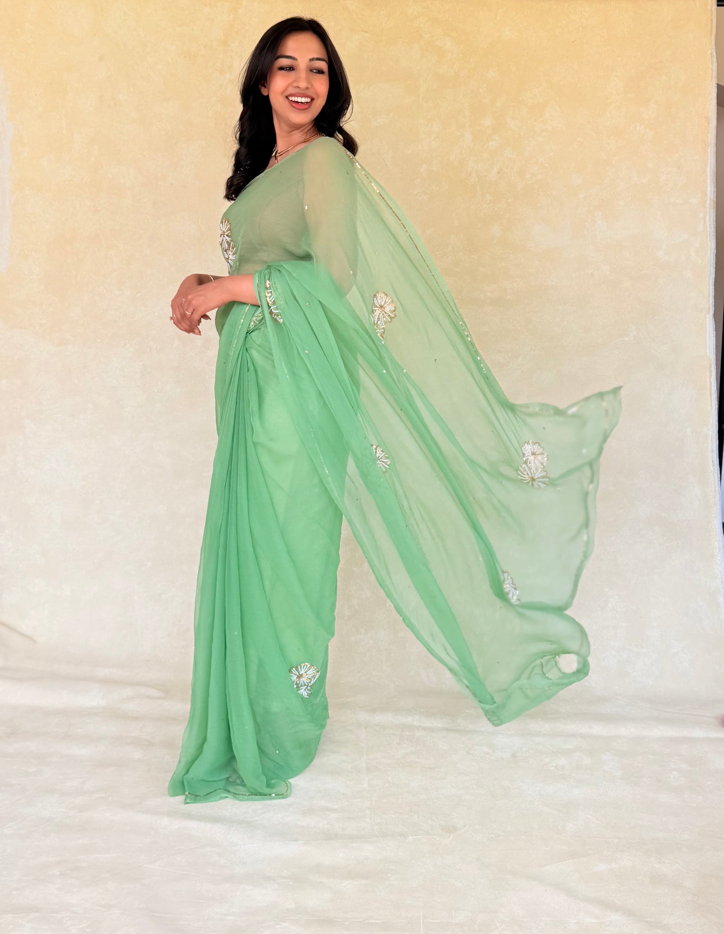 Handcrafted Rajputi Pure Chiffon Saree, Made in Jaipur-Muted Green