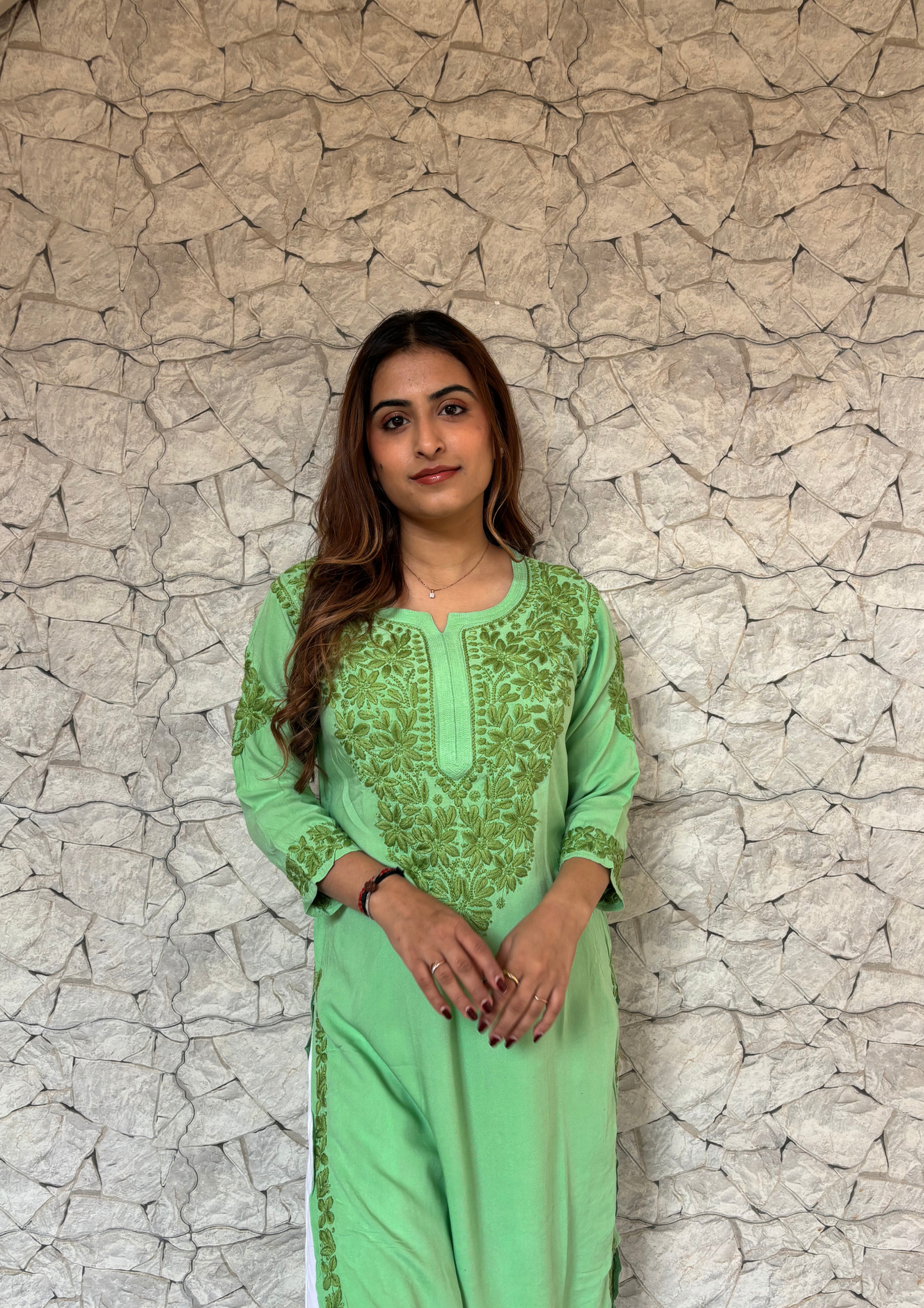 Handcrafted Rayon Chikankari Kurta-Green