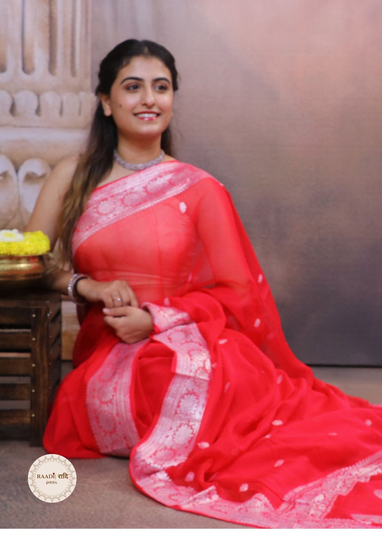 Handcrafted Khaddi Chiffon Saree With Kadua Buttis and Pure Silver Zari Banarasi- Rani Pink