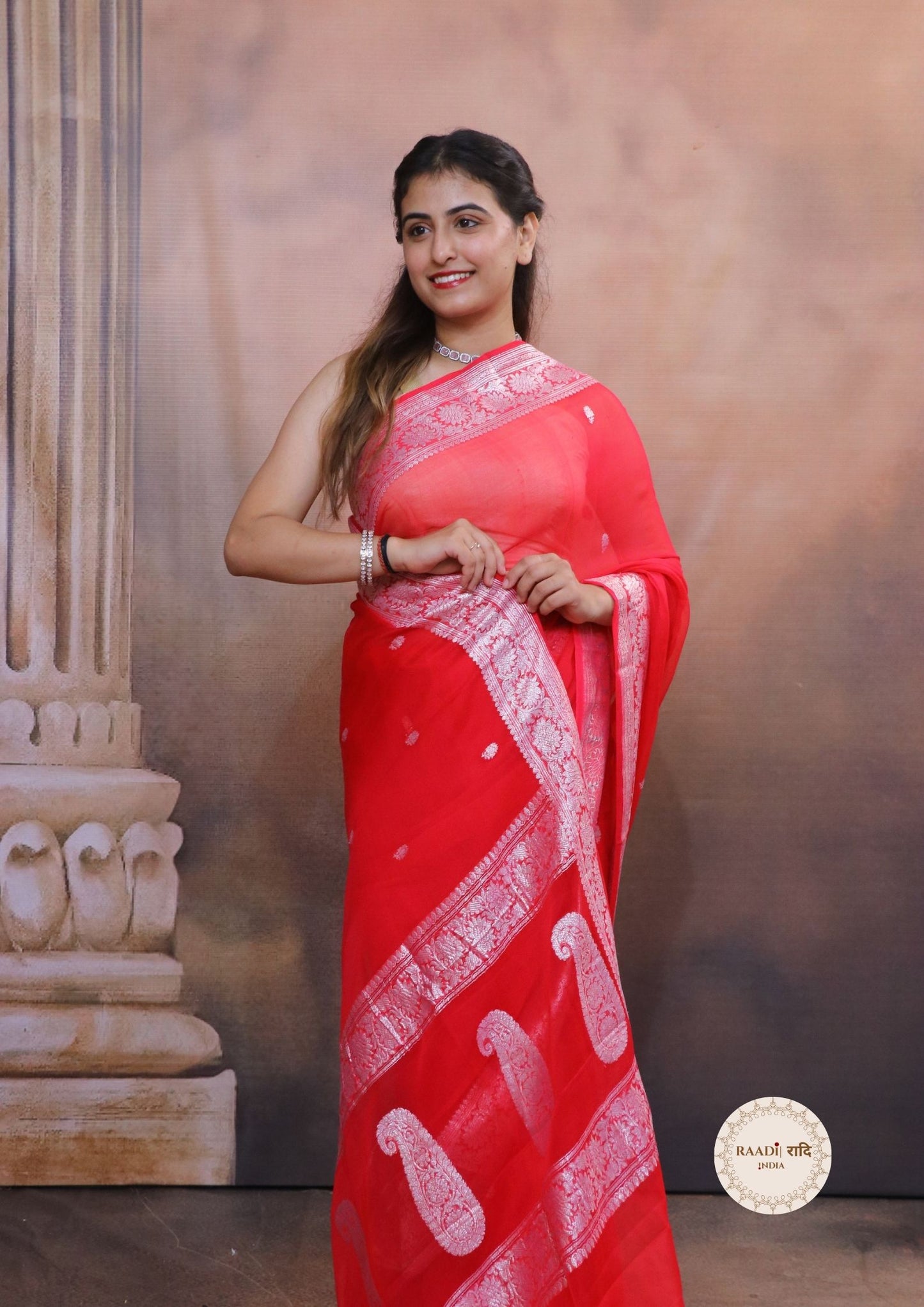 Handcrafted Khaddi Chiffon Saree With Kadua Buttis and Pure Silver Zari Banarasi- Rani Pink