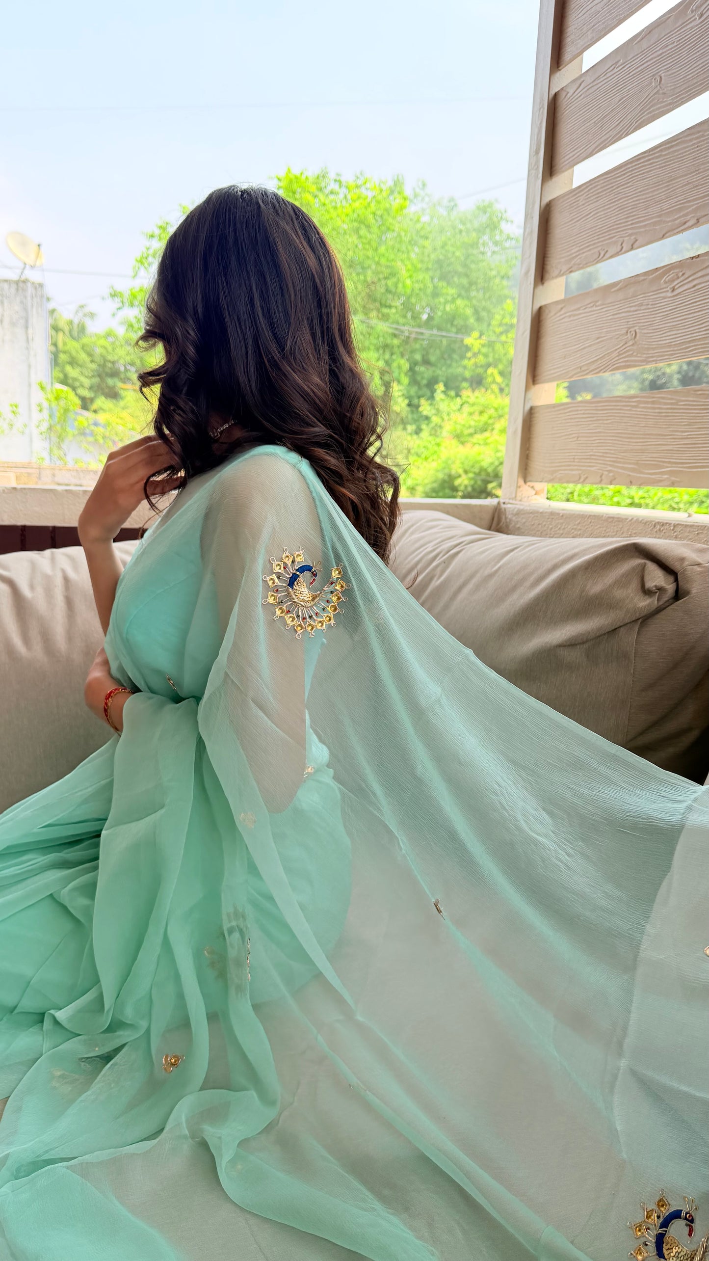Handcrafted Rajputi Pure Chiffon Saree- Turquoise Blue