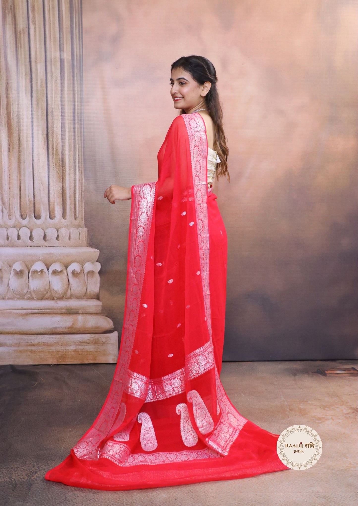 Handcrafted Khaddi Chiffon Saree With Kadua Buttis and Pure Silver Zari Banarasi- Rani Pink