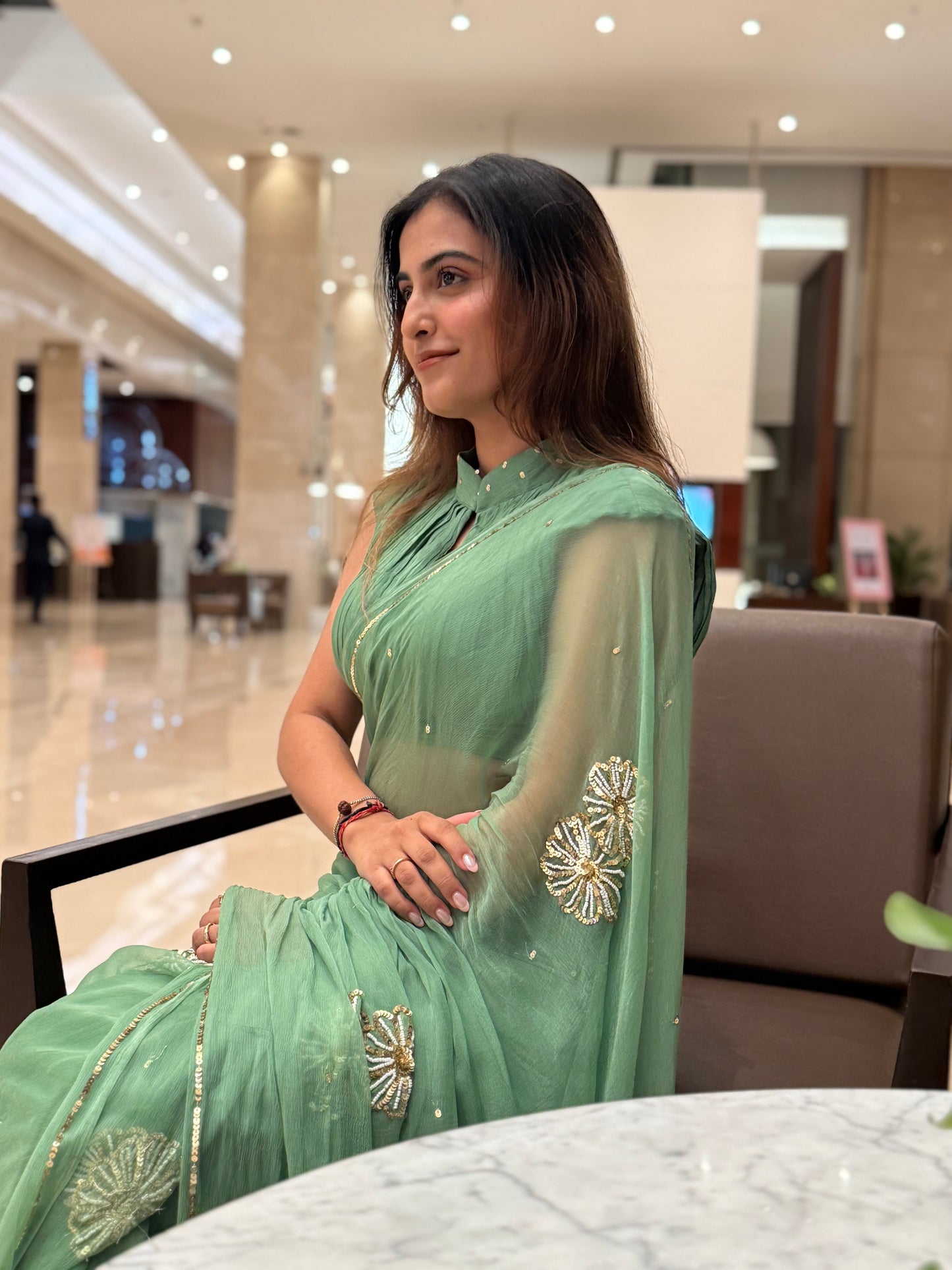 Handcrafted Rajputi Pure Chiffon Saree, Made in Jaipur-Muted Green