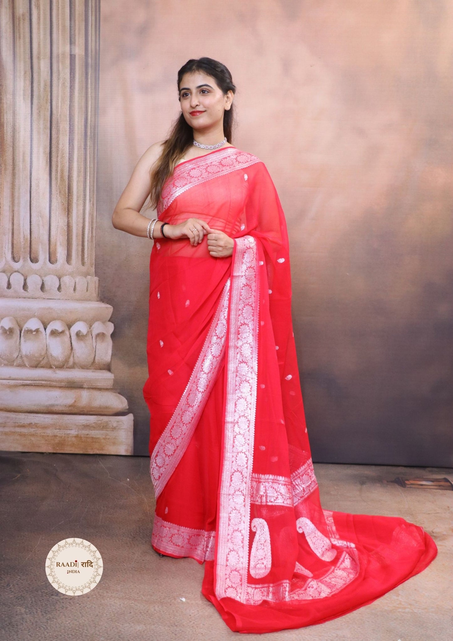 Handcrafted Khaddi Chiffon Saree With Kadua Buttis and Pure Silver Zari Banarasi- Rani Pink