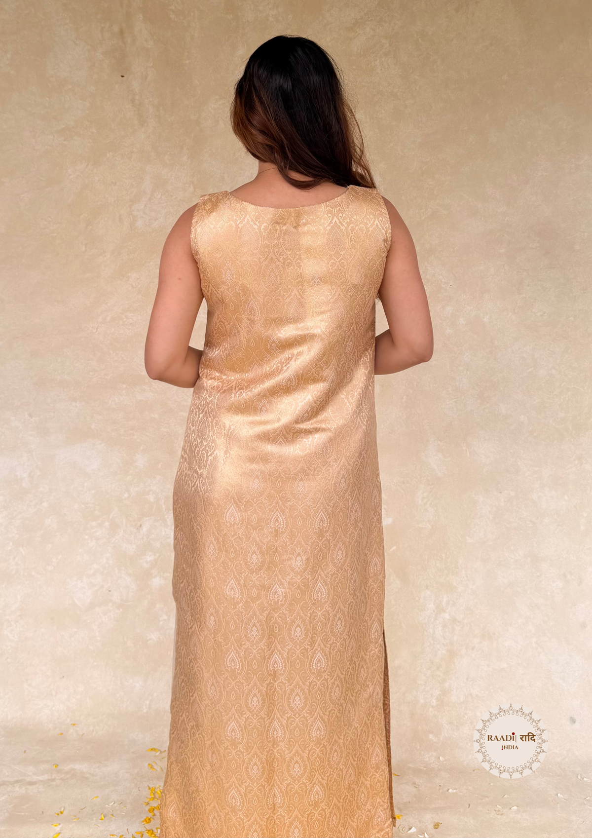 Banarasi Gold Zari mashru Silk Brocade A-Line Kurta Set with Mirror Work