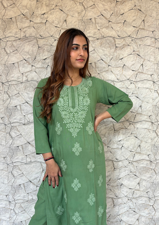 2 Piece Lucknowi Set from Lucknow- Sage Green