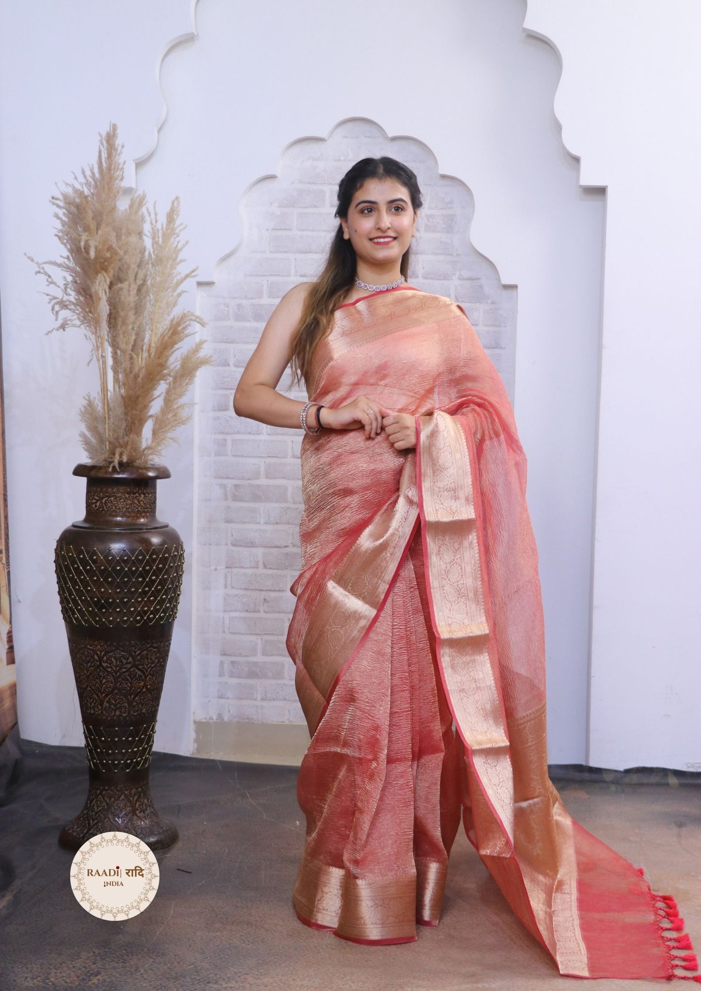 Crushed Tissue Saree With Zari and Banarasi Border