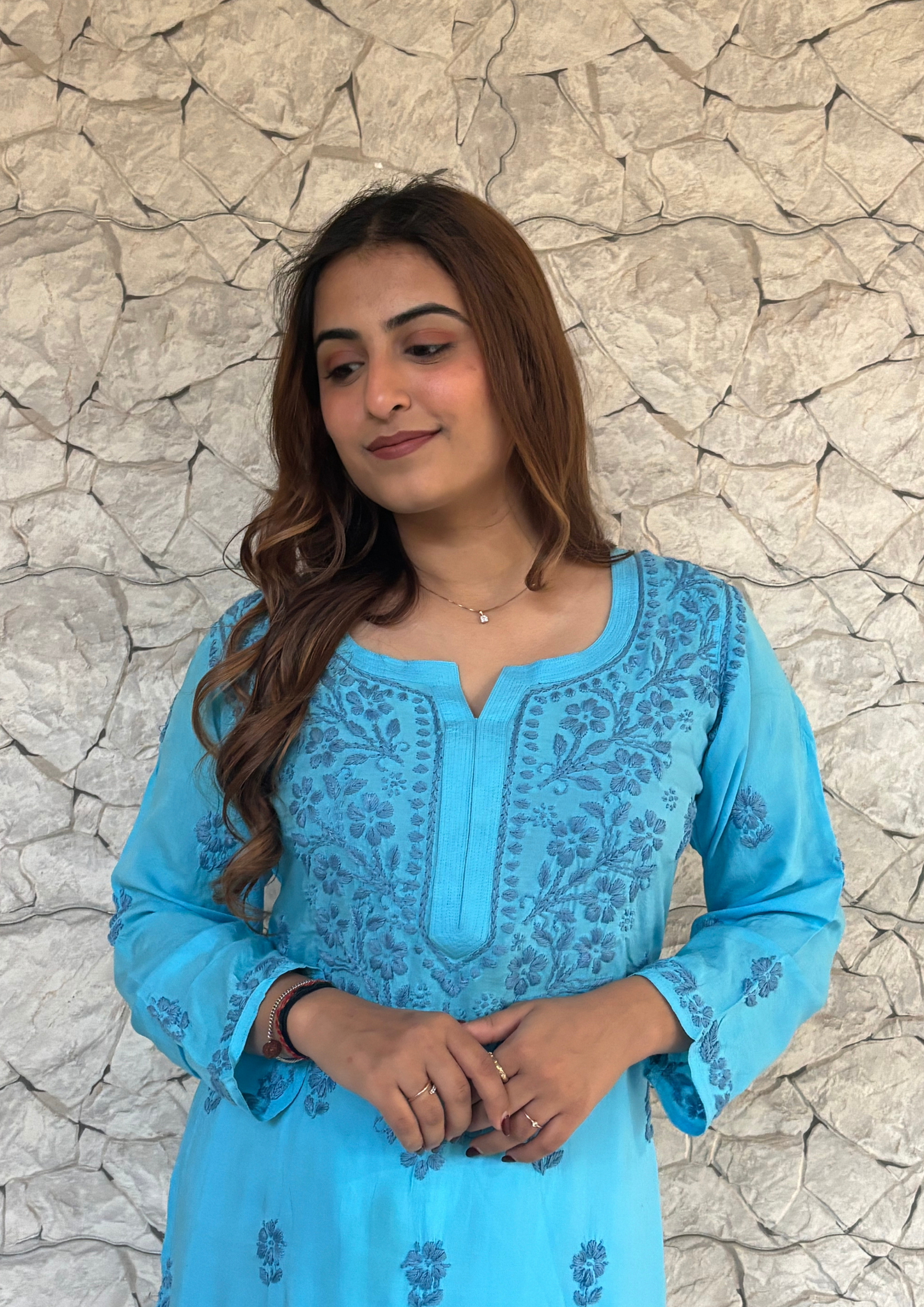 Modal Kurta With Handcrafted Motifs-Blue