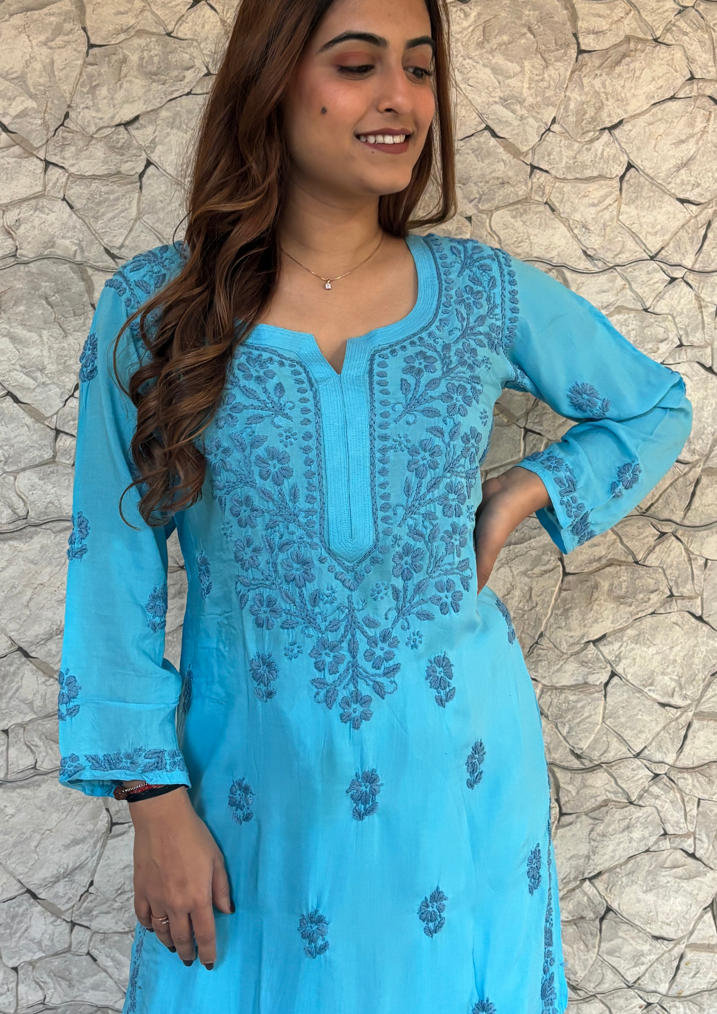 Modal Kurta With Handcrafted Motifs-Blue