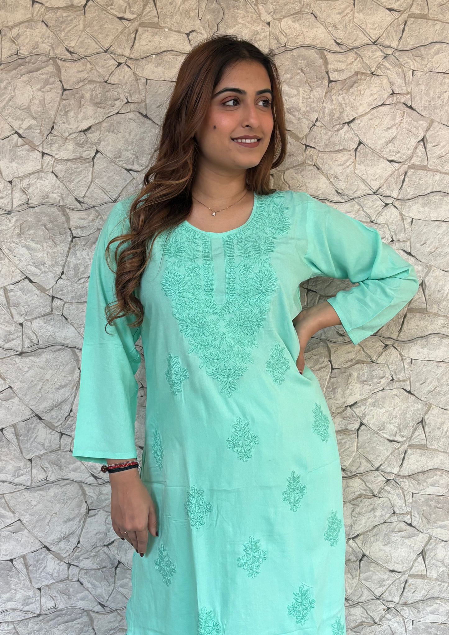 2 Piece Lucknowi Set from Lucknow- Mint Green
