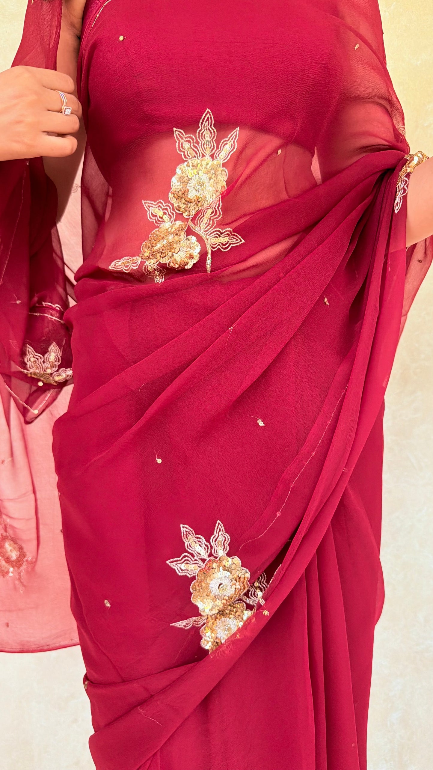 Handcrafted Rajputi Pure Chiffon Saree, Made in Jaipur- Cherry Red