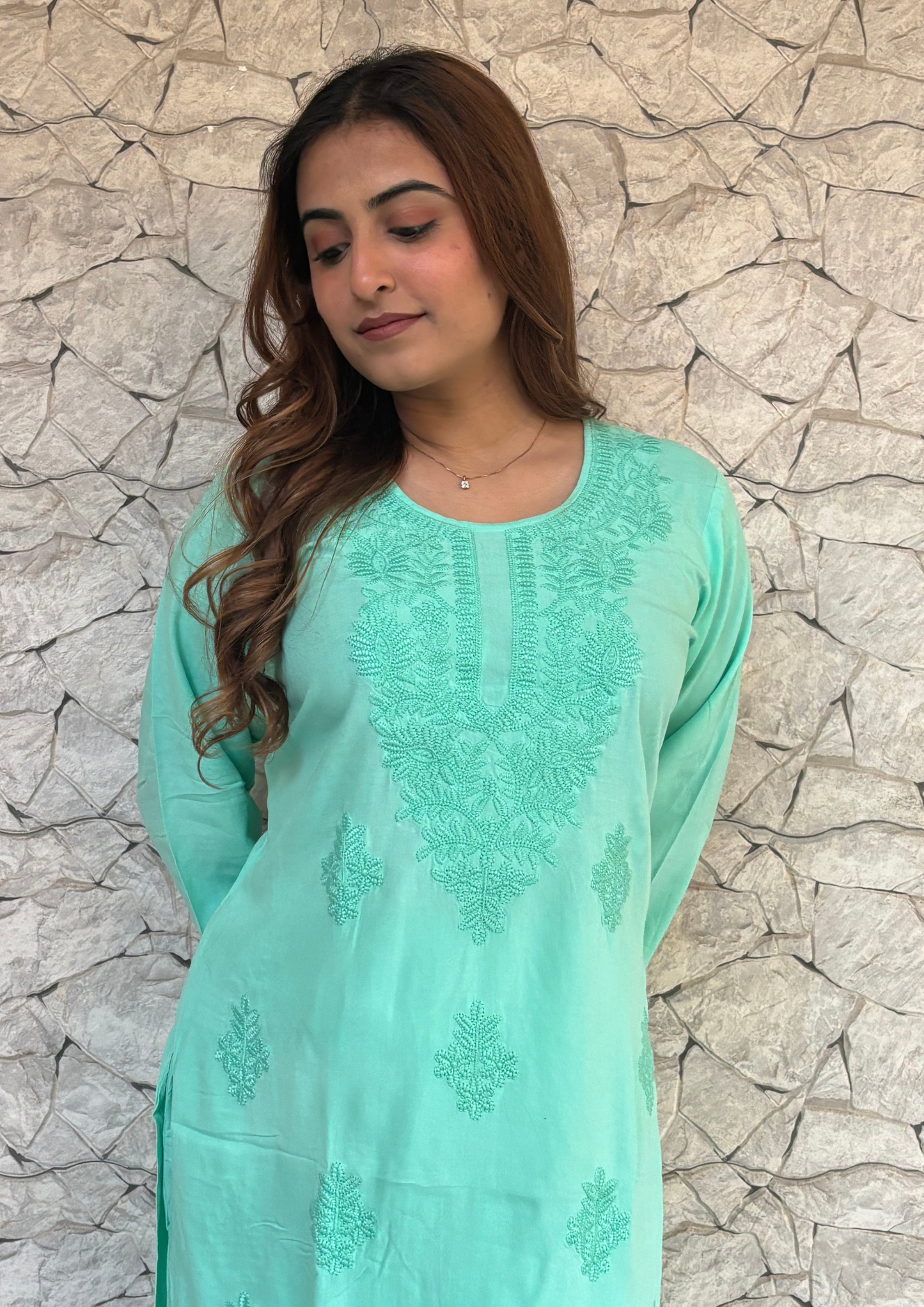 2 Piece Lucknowi Set from Lucknow- Mint Green