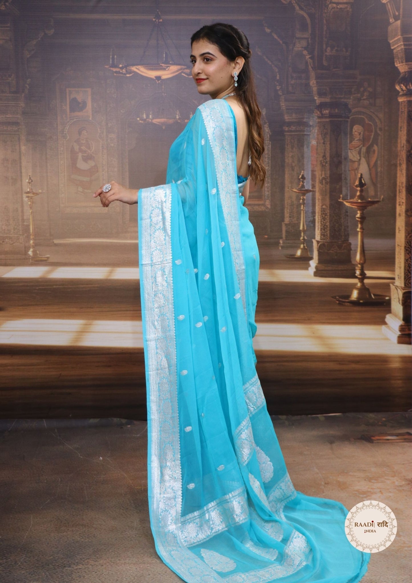 Handcrafted Khaddi Chiffon Saree With Kadua Buttis and Pure Silver Zari Banarasi Border-Turquoise