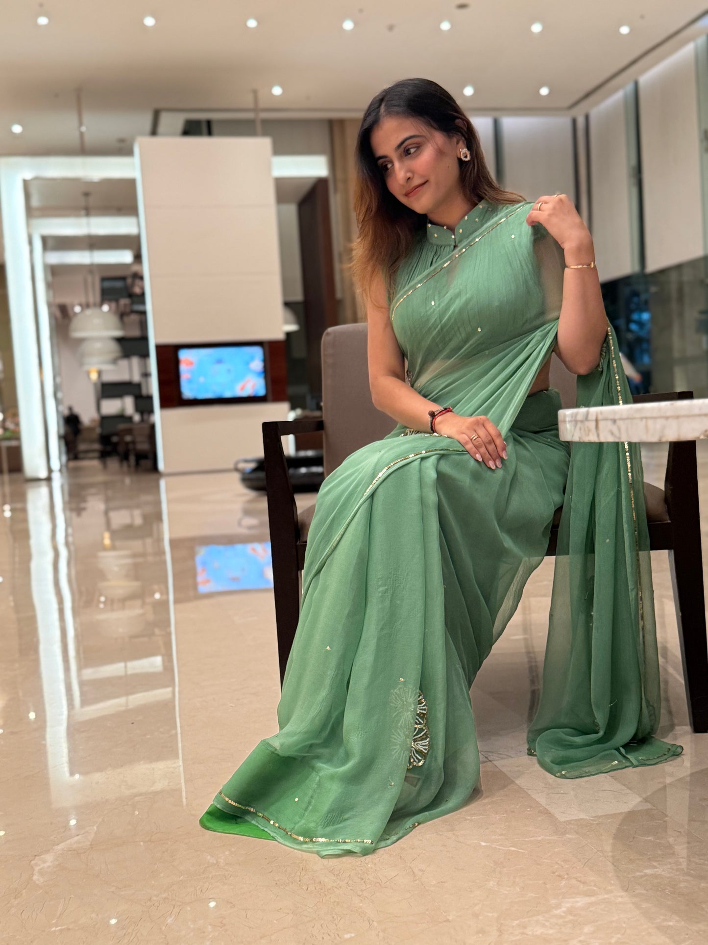 Handcrafted Rajputi Pure Chiffon Saree, Made in Jaipur-Muted Green