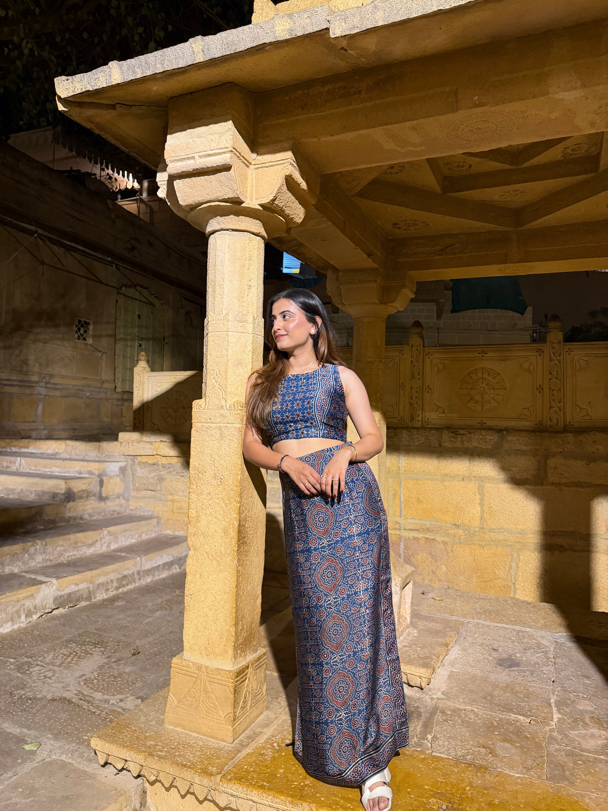 Indigo Ajrakh Modal Silk Skirt Set with Mirror Work