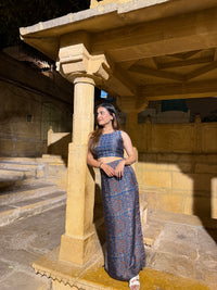 Indigo Ajrakh Modal Silk Skirt Set with Mirror Work