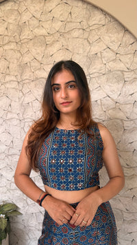 Indigo Ajrakh Modal Silk Skirt Set with Mirror Work
