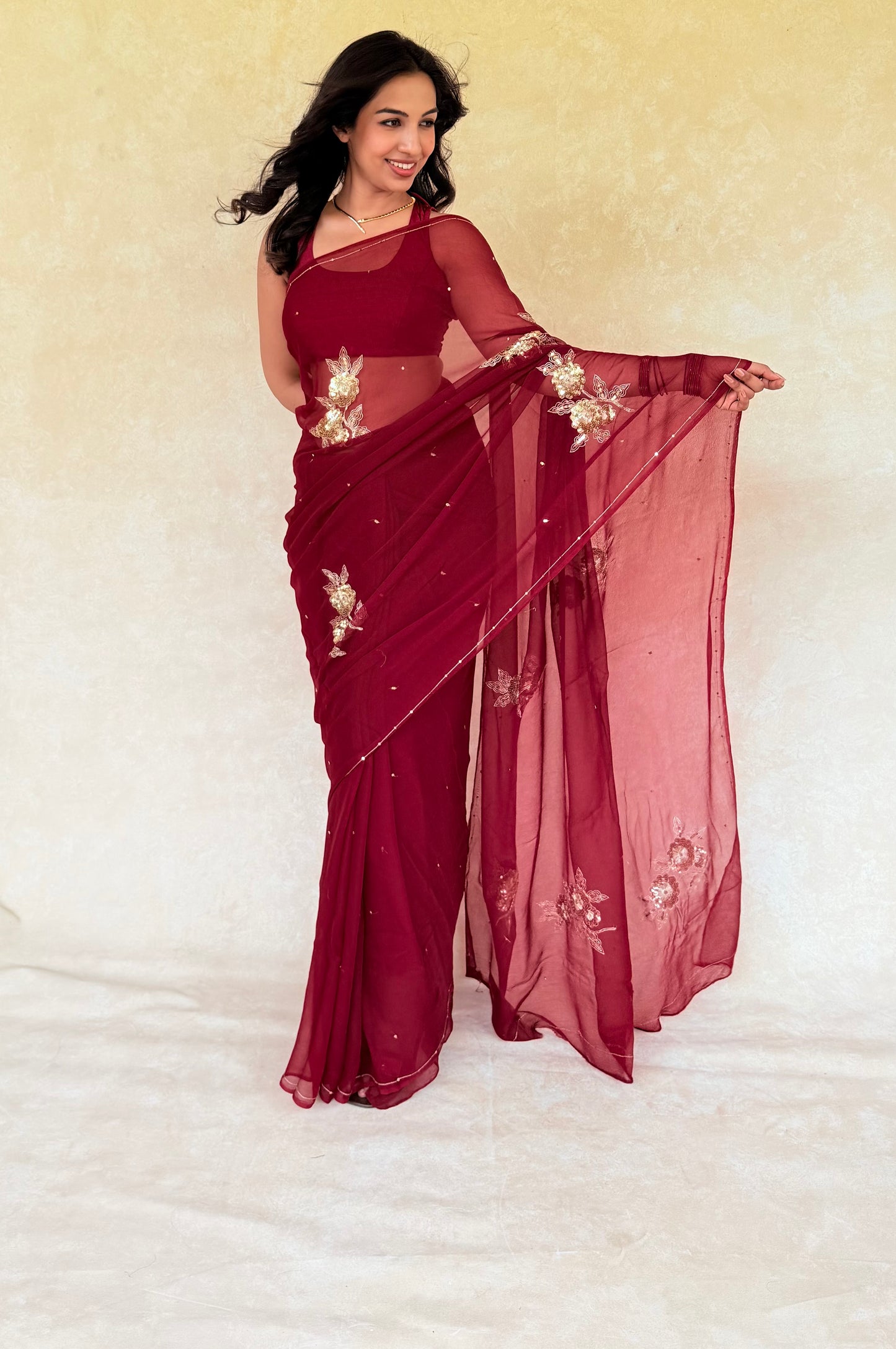 Handcrafted Rajputi Pure Chiffon Saree, Made in Jaipur- Cherry Red