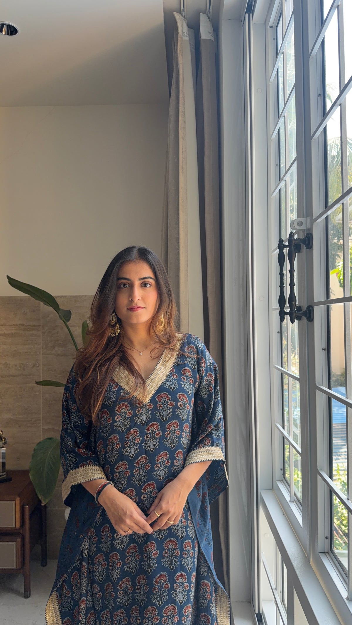 Handcrafted Indigo Ajrakh Kaftan with Gota Patti Detailing