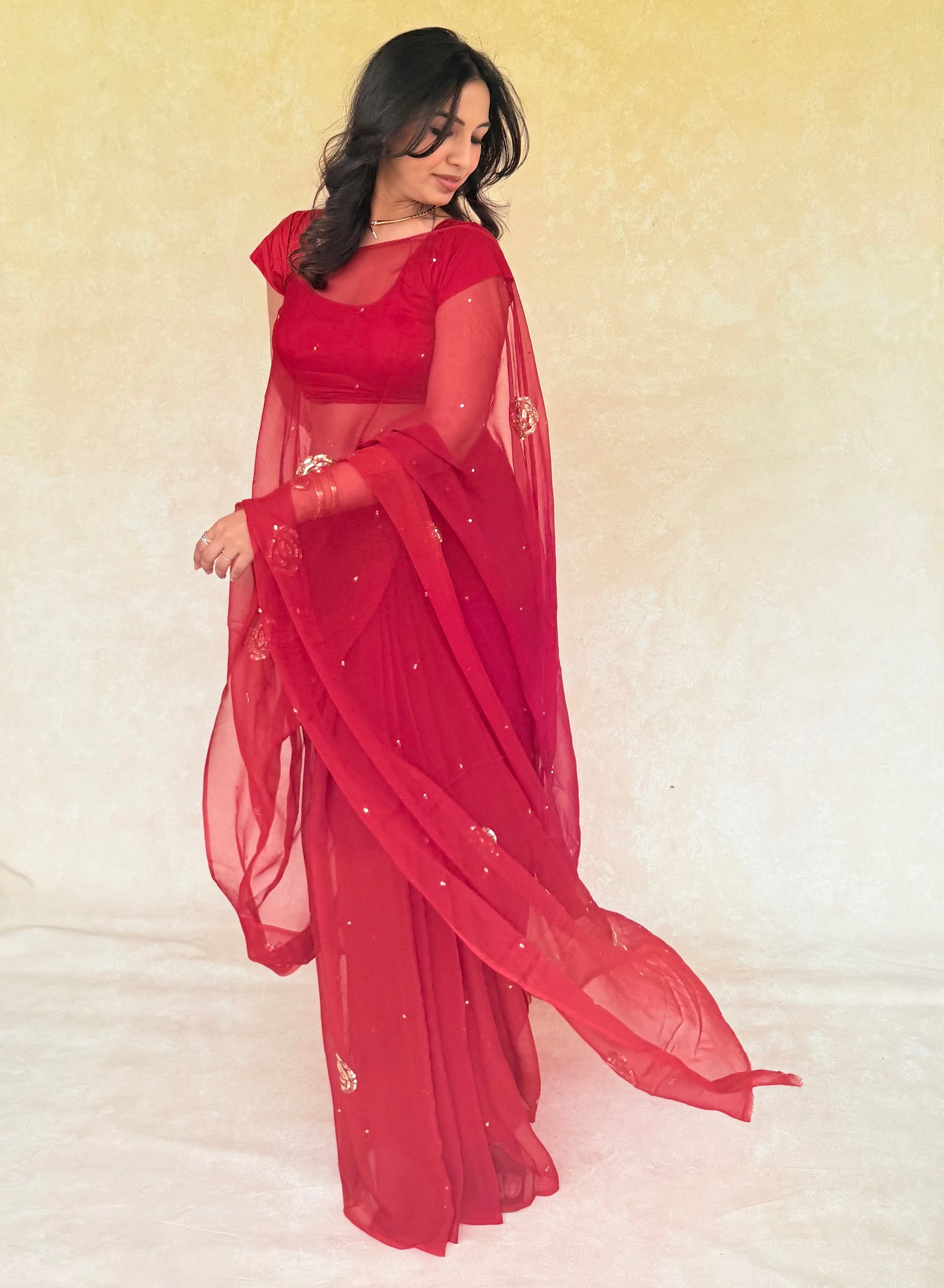 Handcrafted Rajputi Pure Chiffon Saree, Made in Jaipur-Red