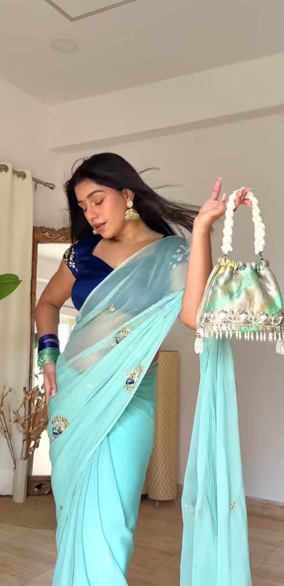 Handcrafted Rajputi Pure Chiffon Saree- Turquoise Blue