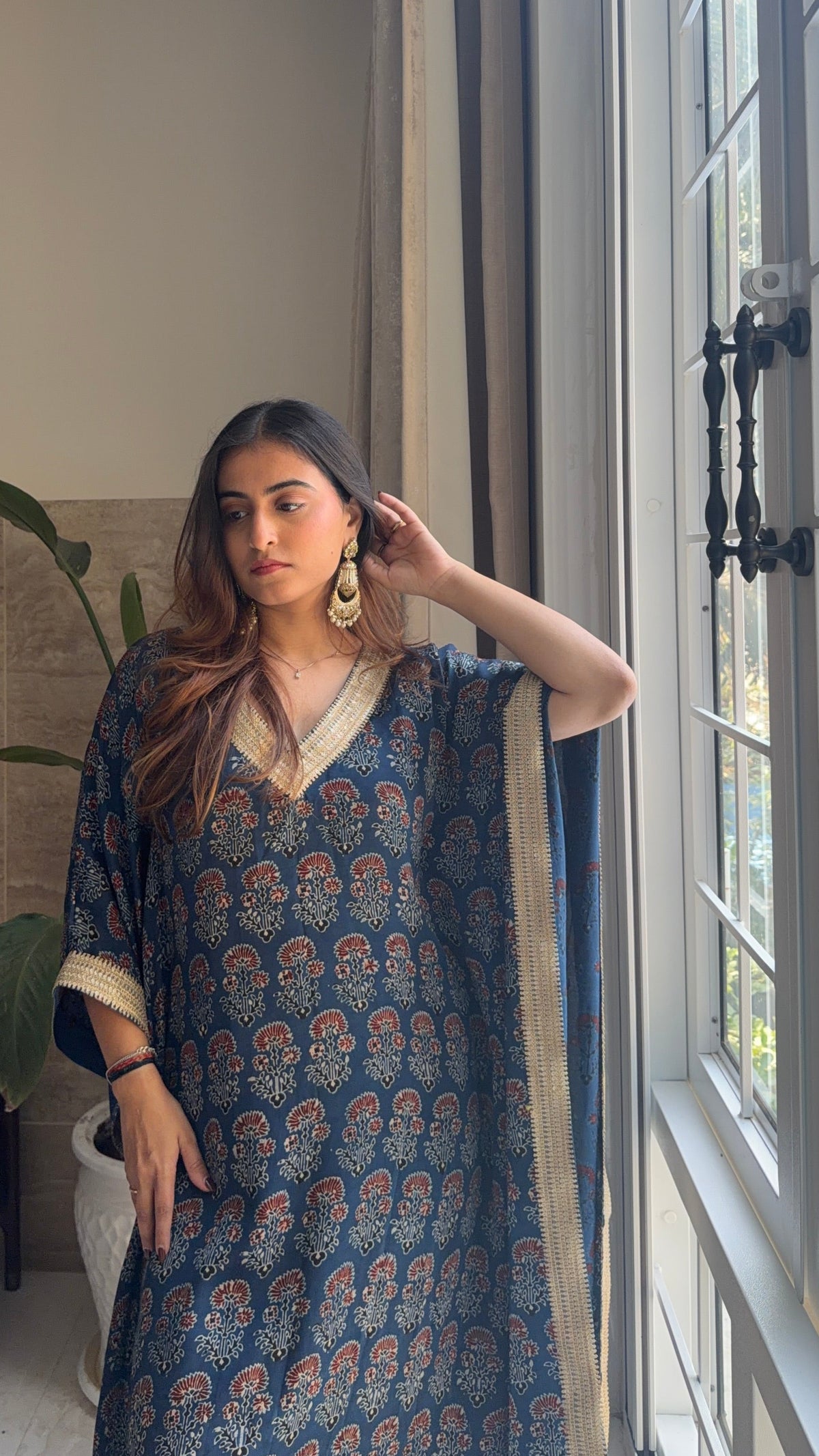 Handcrafted Indigo Ajrakh Kaftan with Gota Patti Detailing
