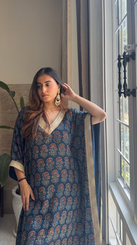 Handcrafted Indigo Ajrakh Kaftan with Gota Patti Detailing