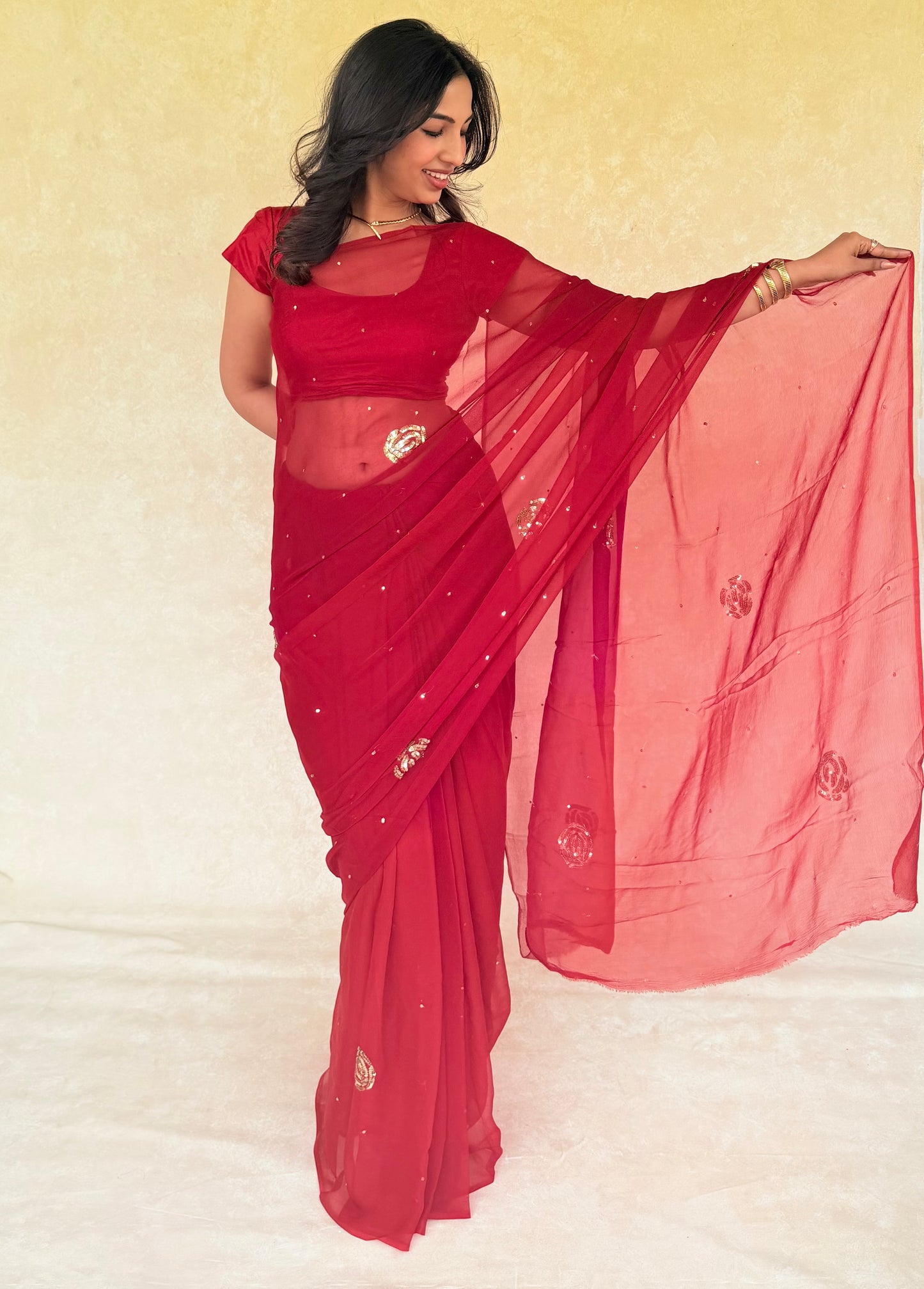Handcrafted Rajputi Pure Chiffon Saree, Made in Jaipur-Red