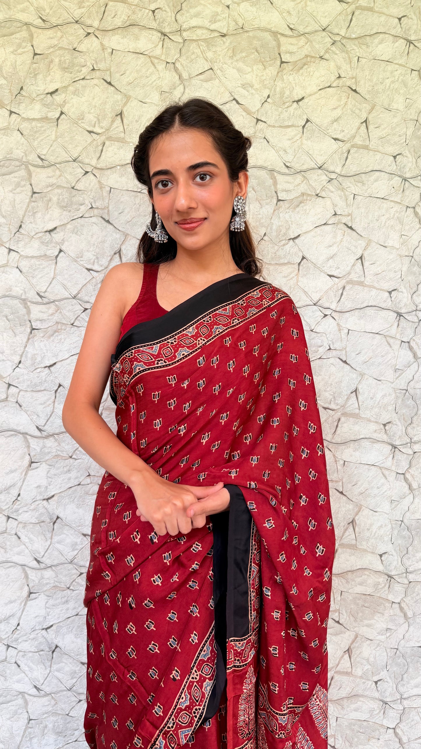 Pure Handcrafted Modal Silk Ajrakh Saree-Maroon