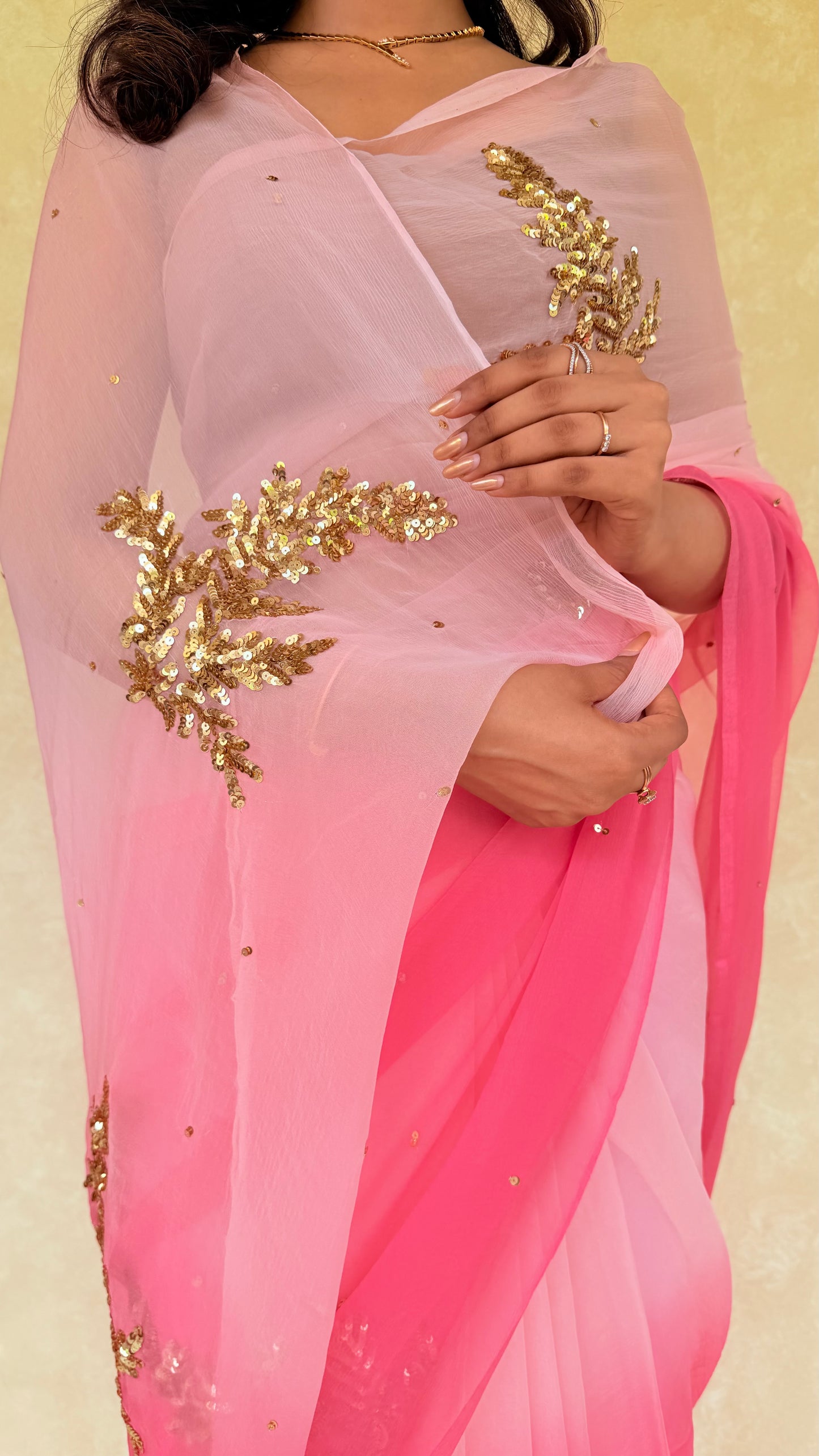 Handcrafted Ombre Rajputi Pure Chiffon Saree, Made in Jaipur-Peach Pink