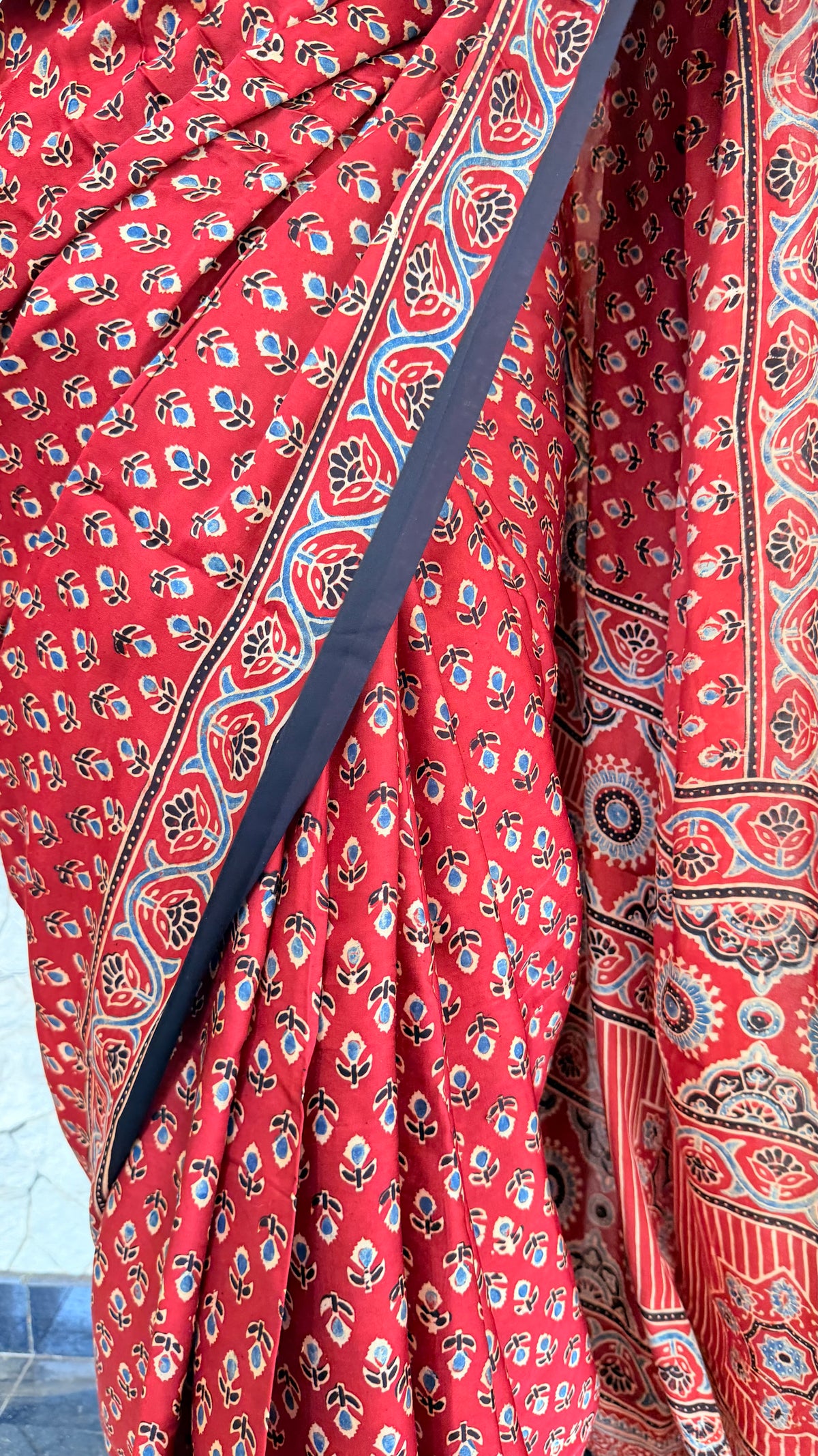 Handcrafted Ajrakh Pure Modal Silk Saree-Maroon