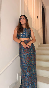 Indigo Ajrakh Modal Silk Skirt Set with Mirror Work